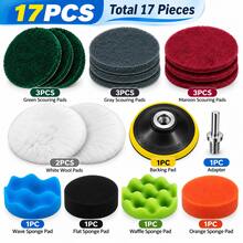 17pcs Car Cleaning & Polishing Set, 3-Inch (75mm) Scouring Pad, Wool Pad, Wavy & Flat Sponge Pads, Hook & Loop Backing And Drill Adapter, Suitable For Waxing, Polishing, Scratch Removal, Applicable To Car Paint, Wheels, Glass, Metal And Various Surfaces - 17pcs - View 6