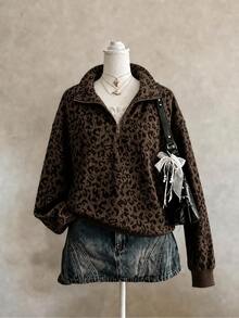 Plus Size Women's Leopard Print Half-Zip Sweatshirt, Fashionable Long Sleeve Collared Sweatshirt, Autumn Outfit Choice Casual - Brown - View 2