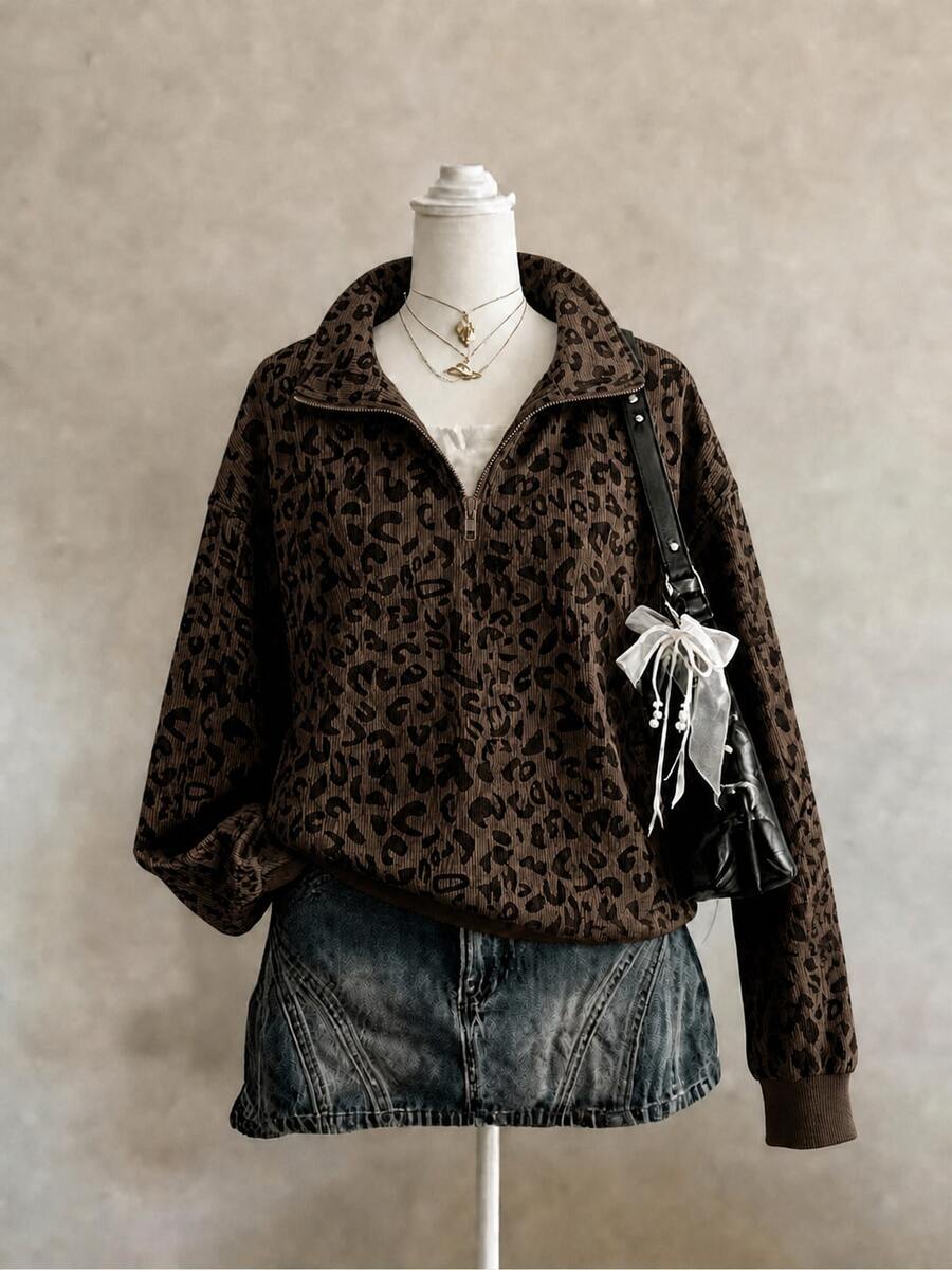 Plus Size Women's Leopard Print Half-Zip Sweatshirt, Fashionable Long Sleeve Collared Sweatshirt, Autumn Outfit Choice Casual