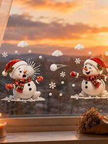 2pcs Christmas Snowman Window Stickers, Cute Cartoon Winter Snowman With Christmas Hat, Scarf And Snowflake Design, Easy To Install Double-Sided Visible Static Window Decals, Suitable For Bedroom, Living Room, Door Glass Holiday Home Decor - one-size - View 4