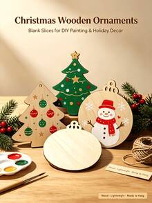 1 Set (50pcs) Blank Christmas Wooden Ornaments Unfinished Wood Slices For DIY Painting, Xmas Tree Hanging Decor & Gift Tag Crafts - A - View 1