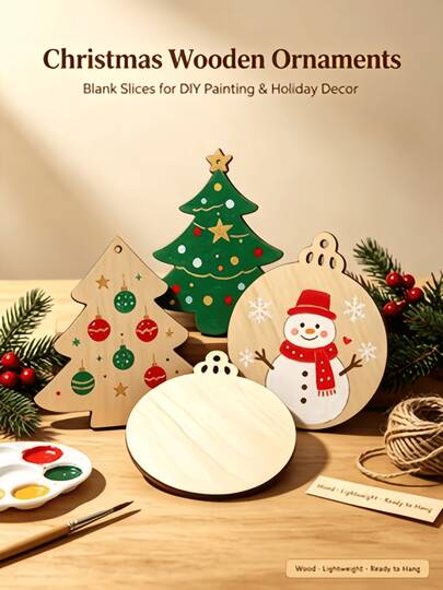 1 Set (50pcs) Blank Christmas Wooden Ornaments Unfinished Wood Slices For DIY Painting, Xmas Tree Hanging Decor & Gift Tag Crafts