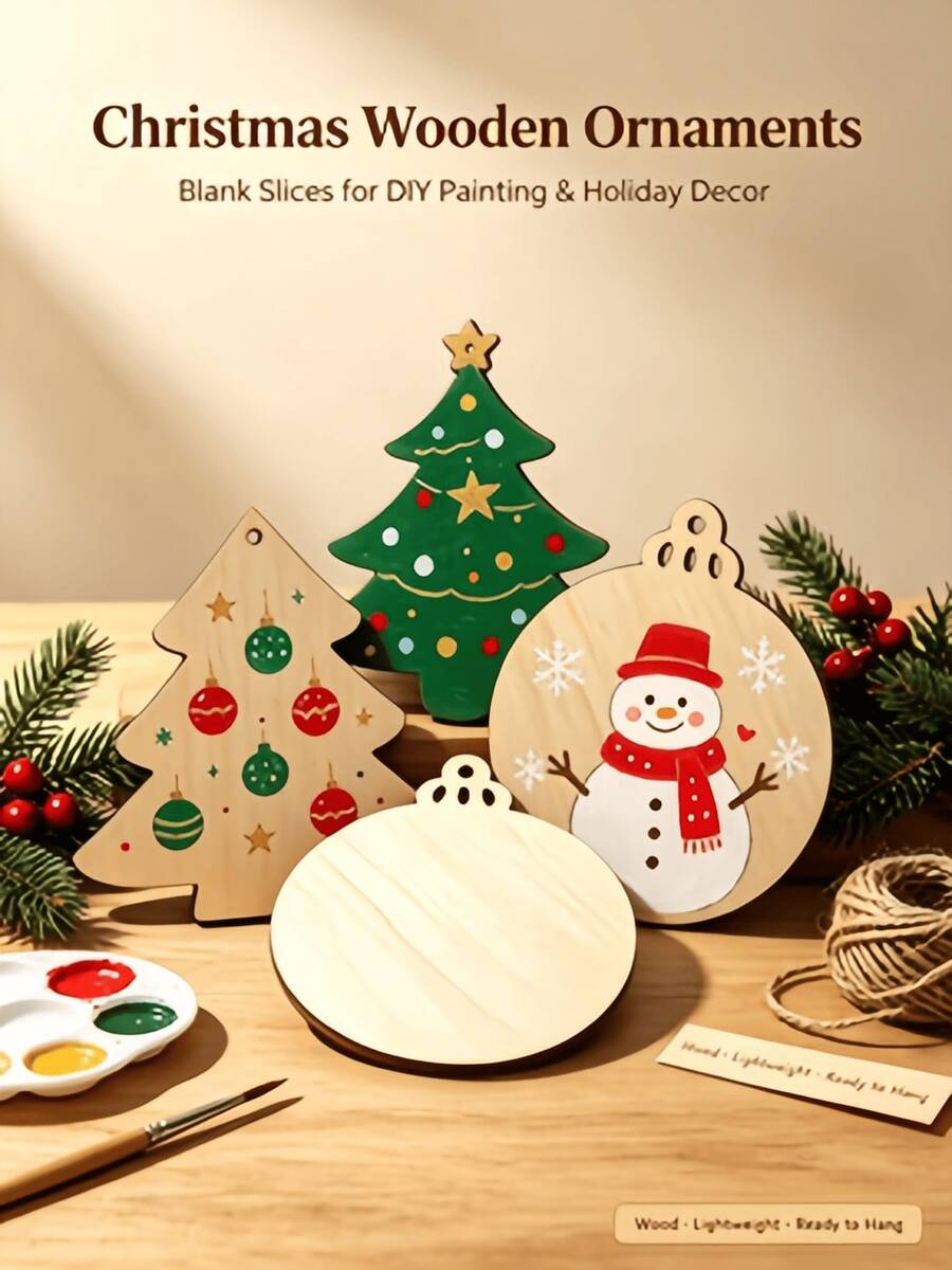 1 Set (50pcs) Blank Christmas Wooden Ornaments Unfinished Wood Slices For DIY Painting, Xmas Tree Hanging Decor & Gift Tag Crafts - A - View 1