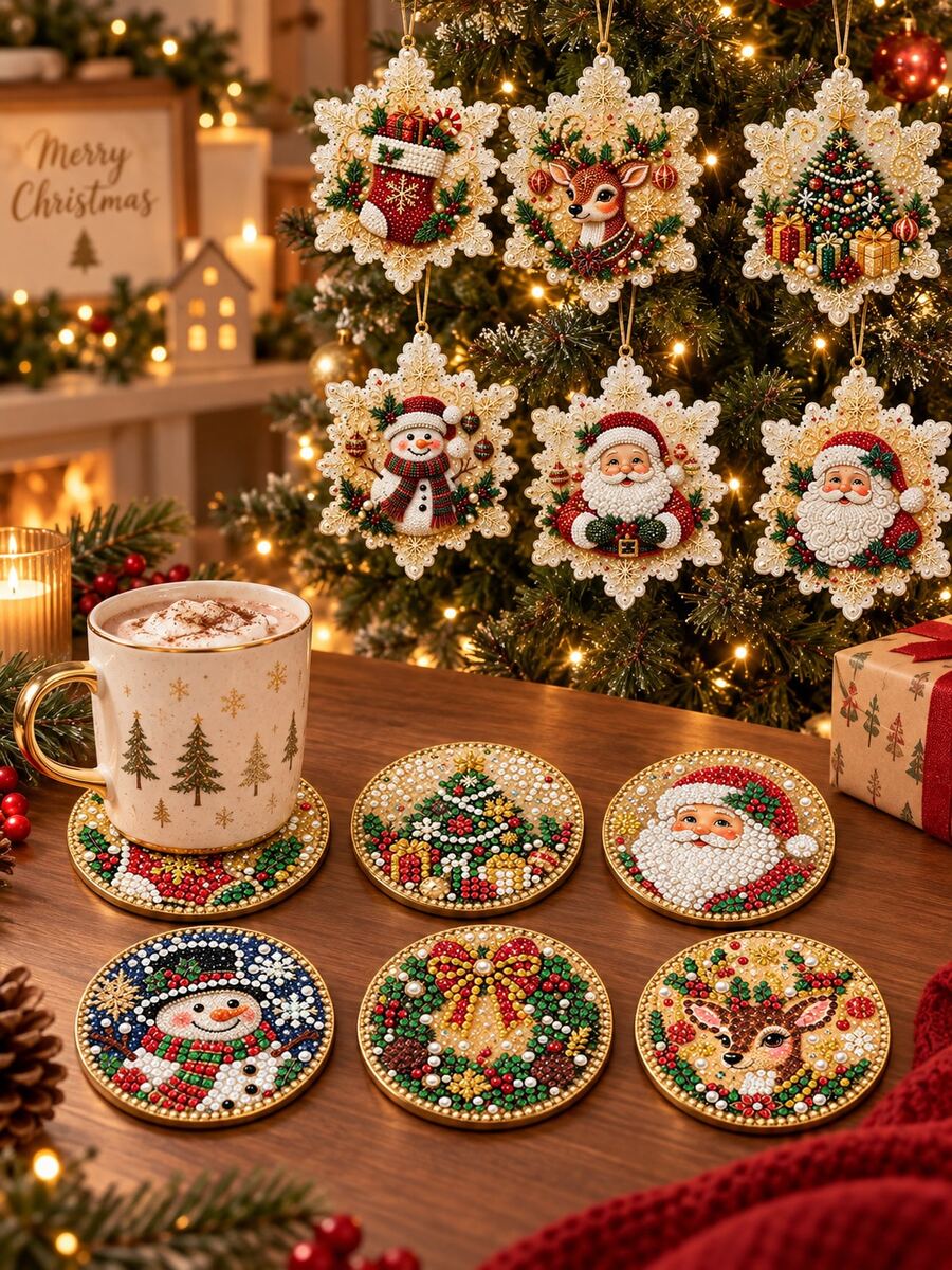 6pcs Christmas Bling Rhinestone Coaster 1 Piece, Santa Snowman Reindeer 2-In-1 Table Coaster & Tree Hanging Ornament, Fall Table Decor, Great Thanksgiving Christmas Holiday Gift, Sparkly Home Table Accessory - Multicolor - View 1