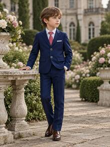小男孩西裝套裝 正式穿著 鋼琴表演 婚禮花童服裝 3件套夾克 + 長褲 + 領帶 - 藏蓝色 - 查看 4