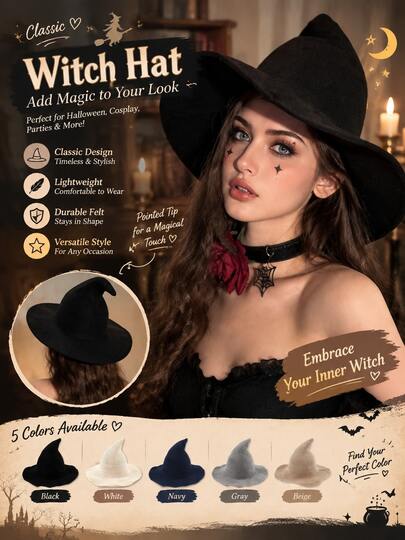 1pc Women's Halloween Witch Hat, Wide Brim Woven Pointed Wizard Hat, Black Beige Navy Blue Camel 4 Colors Available, Halloween Party Costume Accessory, Gothic Witch Festival Headpiece, Carnival Theme Party Women's Dress Up Photo Prop