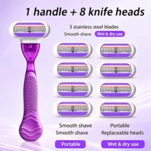 1 Handle + 4/8 Blades Set, 8/12 Blades Women's Bikini Manual Hair Removal Tool, 3-Layer Stainless Steel Razor Blades, Replaceable Safety Razor Blades - Purple - View 10