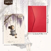 24pcs + 1 Red Envelope Dreamy Spring Floral Postcard Set, Girl Swinging Under Wisteria Illustration, With "Springtime Joy" Text, Romantic Garden Theme - Sets - View 3