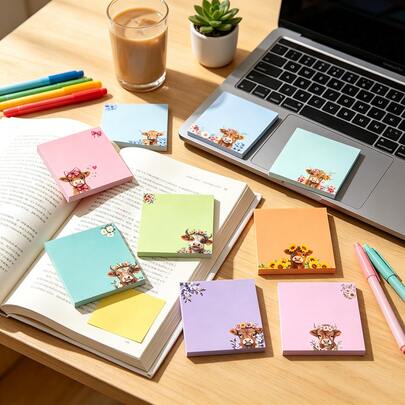 1 Set 3pcs/9pcs/18pcs Random Color Colorful Cartoon Scottish Highland Cow Series Sticky Notes, Self-Adhesive Memo Pads For School, Office, Daily Records, Gifts