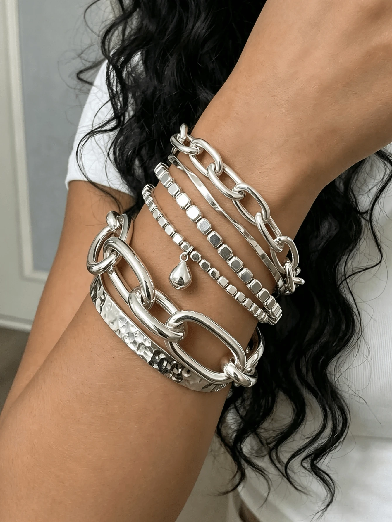 7pcs/Set Personalized Exaggerated Punk Street Style Geometric Pattern Women's Bracelet Set, Suitable For Vacation, Party, Date, Travel, Shopping, Daily Wear - Multicolor - View 1