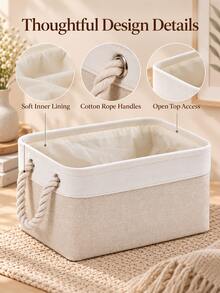 Minimalist Farmhouse Style Linen Blend Rectangular Storage Basket, Foldable Fabric Storage Bin With Thickened Cotton Rope Handles, Large Capacity, Suitable For Bedroom Closet, Shelf, Cabinet, Living Room, Home Organization And Storage - Multicolor - View 4