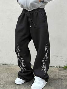 FRACTYR Men's Dark Street Style Wide Leg Sweatpants, Dual Side Totem Pattern Elastic Drawstring Draped Loose Fit Printed Long Pants - Black - View 3