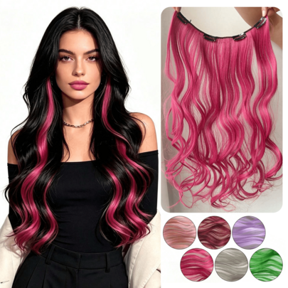 20 Inch Long Wavy Clip-In Hair Extensions, 4-Clip Design For Women, Rainbow Color, Multiple Colors Available, Suitable For Halloween, Christmas, Music Festivals And Other Holiday Occasions, Easy To Use