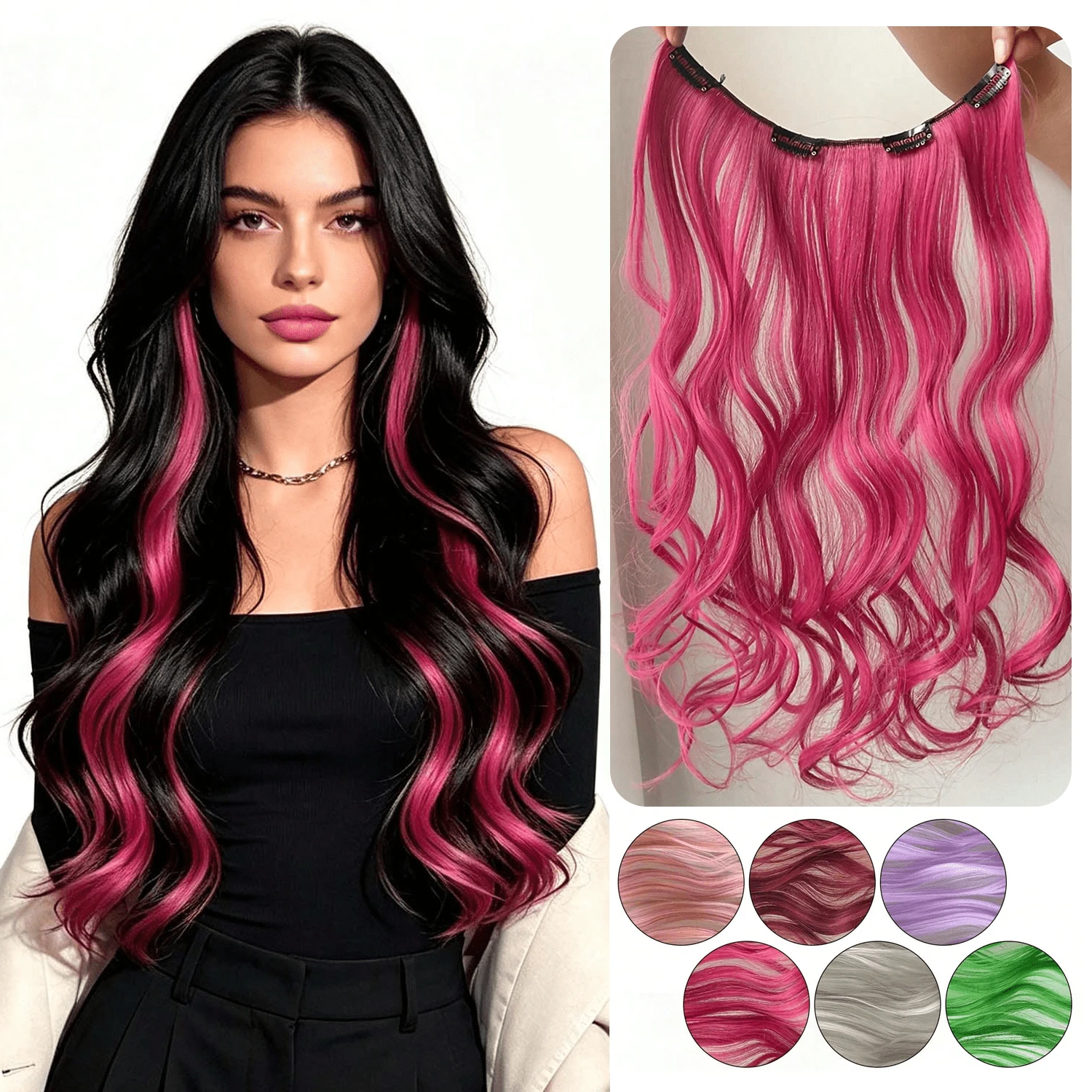 20 Inch Long Wavy Clip-In Hair Extensions, 4-Clip Design For Women, Rainbow Color, Multiple Colors Available, Suitable For Halloween, Christmas, Music Festivals And Other Holiday Occasions, Easy To Use - Multicolor - View 1