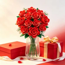 16pcs Red Rose Bouquet Building Blocks Set, DIY Assembly Realistic Flower Bricks Desktop Home Decor Gift - Multicolor - View 2
