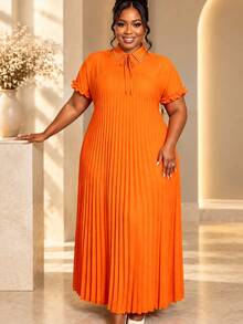 Plus Size Orange Loose Fit Pleated Maxi Dress Ruffle Short Sleeves Beaded Collar Elegant Church Wedding Guest Casual Daily Wear - Orange - View 10