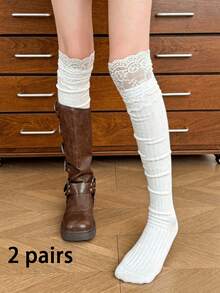 Women's Over-The-Knee Socks, Lace Trim, Slim Fit Vertical Stripe Design, Pure And Seductive Style, Suitable For JK/Japanese Sweet Looks - A - View 14