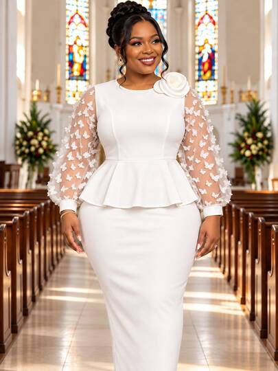 Elegant Plus Size Women's Christmas White Ruffle Dress, 3D Floral Mesh Long Sleeve Slim Fit Formal Gown, Church Wedding Guest, Autumn Outfit