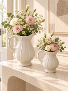 1pc White Ceramic Water Pitcher Vase With Handle And Wavy Spout, Textured Pottery Decorative Flower Vase, Vintage Farmhouse Style Home Decor, Suitable For Living Room, Entryway, Shelf, Mantel, Dining Table Centerpiece, Wedding And Housewarming Gift - Kettle Vase - View 2