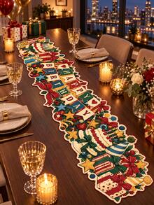 1pc Vintage Birthday Table Runner, Happy Birthday Banner Cake Gift Box Bow Print Long Table Decor, Irregular Edge Party Table Cover For Birthday Party, Dessert Table, Dining Room, Home Decor - Multicolor - View 4