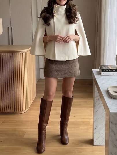Women's High Neck Gold Button Cape Coat, Elegant Solid Color Short Cape Jacket, Casual Fashion Daily Autumn Outerwear
