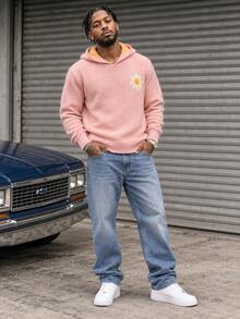 BLACKTOEXIT Men's Loose Casual College Floral Hooded Knit Sweater, Autumn/Winter - Pink - View 5