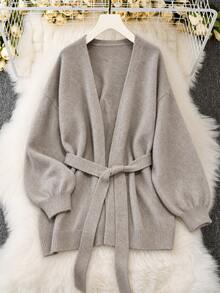 Plus Size Women's Long Sleeve Tie-Front Cardigan, Loose Knit Sweater (Includes Belt) - Khaki - View 4