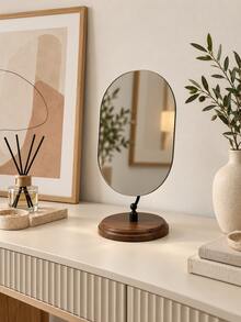 Nordic Minimalist Desktop Makeup Mirror, Frameless Oval Vanity Mirror With Walnut Wood Base, Adjustable Tabletop Makeup Mirror, Suitable For Bedroom, Vanity, Bathroom And Home Decor - Multicolor - View 8
