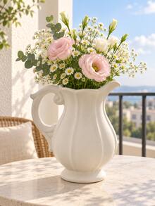 1pc White Ceramic Water Pitcher Vase With Handle And Wavy Spout, Textured Pottery Decorative Flower Vase, Vintage Farmhouse Style Home Decor, Suitable For Living Room, Entryway, Shelf, Mantel, Dining Table Centerpiece, Wedding And Housewarming Gift - Kettle Vase - View 8