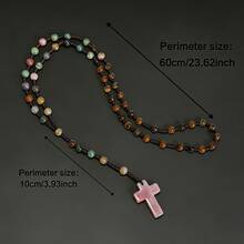 1pc Natural Stone Cross Beaded Long Necklace, Bohemian Style Handmade Woven Rope Unisex Necklace, Agate Material, Suitable As Holiday Gift For Family And Friends - Colorful - View 2
