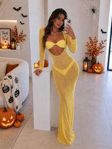 Women's Summer Beach Solid Color Bandeau Sexy Fashion Bikini Two-Piece Swimsuit Set With Cover-Up Dress - Yellow - View 1