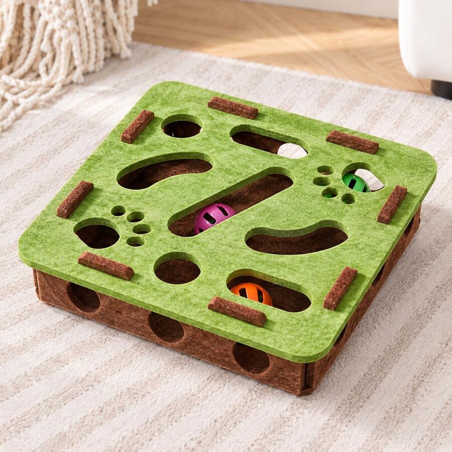 AOSHA Interactive Cat Puzzle Maze Toy With 3 Bell Balls, Felt Hunting & Pawing Enrichment Toy For Indoor Cats, Multi-Hole Boredom Relief Self-Play Toy For Kittens & Adult Cats - View 1