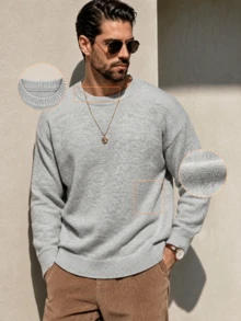 Men's Fashion Casual Vacation Versatile Solid Color Minimalist Crew Neck Long Sleeve Loose Ribbed Pullover Sweater Knit Top Daily Commute Home Wear Autumn/Winter - Grey - View 2