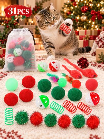 31個 クリスマス猫用おもちゃセット、巾着収納バッグ付き、インタラクティブベルボール、おもちゃマウス、スプリング、クリンクルボール&フェザーおもちゃ、赤&緑の室内子猫用追いかけおもちゃ、電池不要、猫へのホリデーギフト