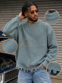 BLACKTOEXIT Men's Crew Neck Dropped Shoulder Retro High Street Frayed Hem Casual Sweater, Autumn/Winter - Grey - View 2