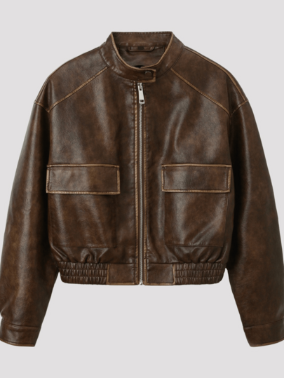 Distressed Faux Leather Cropped Bomber Jacket For Women Stand Collar Zip Up Long Sleeve Biker Outerwear