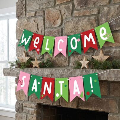 Welcome Santa & I'm Be Good Christmas Banner, Colorful Letter Bunting With Bow Tree Polka Dot Pattern, Festive Holiday Wall Party Home Decoration Garland
