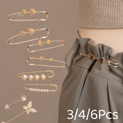 3/4/6Pcs Vintage Brooch Set, Gold Quilted Pins, Vintage Style Brooches, Adjustable Waist Safety Pins, For Dress And Jeans Clothing Decoration