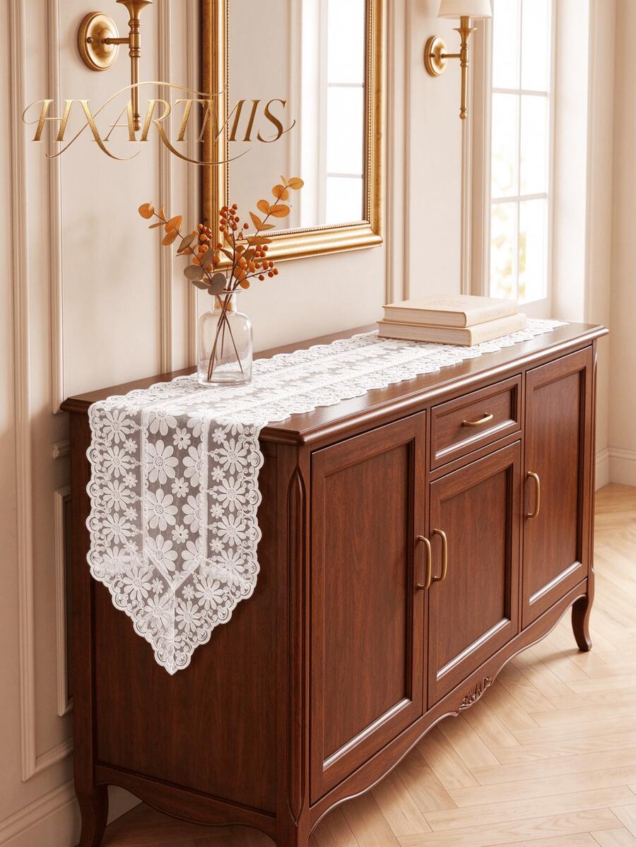 HXARTMIS 1PC Romantic White Daisy Lace Table Runner, Hollow Embroidery Semi-Transparent Mesh Table Runner, White Wavy Edge Table Decor, Suitable For Bridal Shower, Daily Home Decor And Holiday Decoration - White - View 1