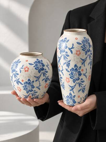 1pc Vintage Ceramic Vase, Blue And White Floral Pattern With Pink Accents, Chinese Home Decor, Suitable For Fresh And Dried Flowers, Living Room, Majlis, Dining Table Centerpiece And Entryway, Ramadan Eid Housewarming Gift