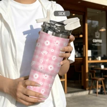 1/5pcs 30oz Portable Insulated Tumbler, Pink Plaid Bottom With White Daisy Flat Print, With Portable Handle Flip Lid, Stainless Steel Vacuum Insulation, Keeps Cold And Hot. Fresh And Soft Pastoral Style, Large Capacity Suitable For Outdoor Carry, Simple And Elegant, Perfect For Daily Use Or As A Thoughtful Gift For Your Best Friend. - Checkered Daisy - View 4