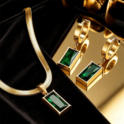 Conjunto de 3 piezas de collar y pendientes de cadena de hoja de moda francesa con circonita verde, diseño de nicho de cadena de hueso de serpiente, colgante de circonita esmeralda de lujo de alta gama, collar de acero de titanio, sin decoloración, estilo elegante