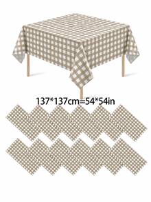 1/6/12PCS-137*274cm Khaki And White Plastic Plaid Tablecloth, Decorative Disposable Khaki Plaid Tablecloth, Suitable For Picnic, Farm, Birthday, Wedding Rectangular Tablecloth, Party Tablecloth, Autumn Decoration - Khaki - View 3