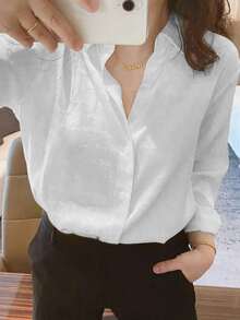 Elegant French High-End White Acetate Satin Blouse, Unique Design Jacquard Shirt, Long Sleeve Top Spring - White - View 3