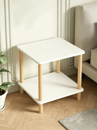 Table d'appoint en bois à 2 niveaux - Table d'appoint pour canapé / Table basse / Table de chevet, Pieds en bois naturel, Avec étagère de rangement inférieure, Grand espace de rangement, Facile à assembler, Convient pour le salon, la chambre, à côté du canapé, Pour placer des livres, des tasses et des décorations