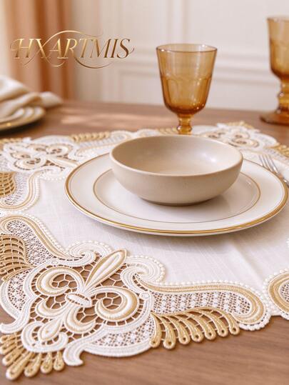 HXARTMIS 1pc Vintage Lace Embroidered Square Placemat, Hollow Floral Lace Table Mat, Bohemian Style Elegant Dining Table Decor Pad, Suitable For Dining Table, Home Party Tabletop Decoration
