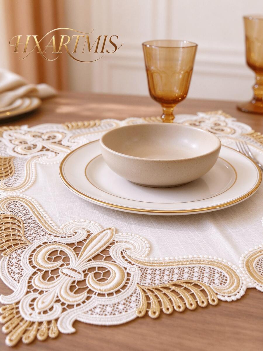 HXARTMIS 1 buah Alas Meja Persegi Bordir Renda Vintage, Alas Meja Renda Bunga Berongga, Alas Dekorasi Meja Makan Elegan Gaya Bohemian, Cocok untuk Meja Makan, Dekorasi Meja Pesta di Rumah - Coklat - View 1