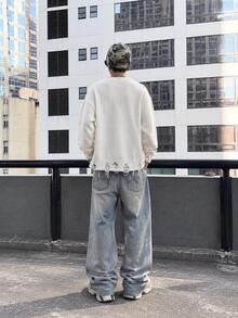 BLACKTOEXIT Men's Crew Neck Sweater Casual Loose American Motorcycle Style Distressed Ripped Knit Pullover Autumn/Winter - Apricot - View 8