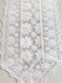 HXARTMIS 1PC Romantic White Daisy Lace Table Runner, Hollow Embroidery Semi-Transparent Mesh Table Runner, White Wavy Edge Table Decor, Suitable For Bridal Shower, Daily Home Decor And Holiday Decoration - White - View 5