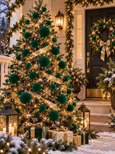 40pcs Green Flocked Flocked Christmas Ball Ornament Set, 3 Sizes Hanging Christmas Tree Decorations, Elegant Christmas Outdoor Garden Decor, Suitable For Patio, Porch, Yard, Front Door, Holiday Party And Winter Home Decor